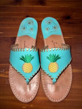 Jack Rogers Turquoise Pineapple Embroidered Leather Sandal
